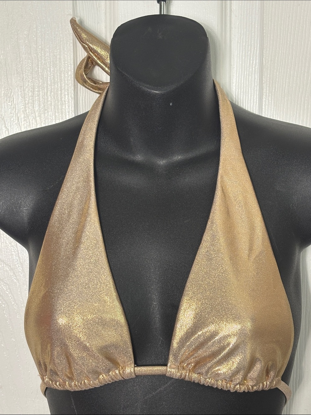 Good American Gold Metallic Halter Bikini Top